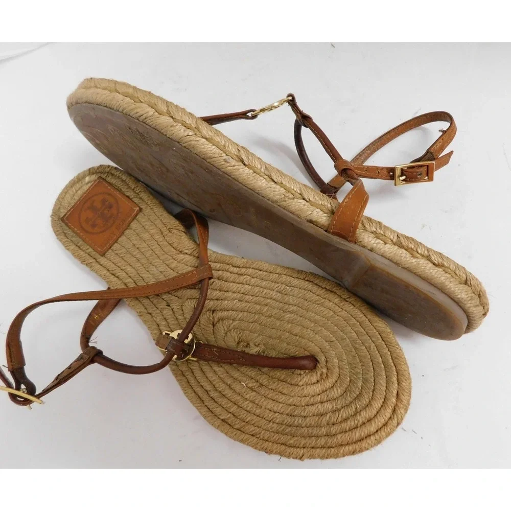 TORY BURCH Sandals Emmy Rafia Brown Leather Gold Logo Flat Thong Sandals 7B